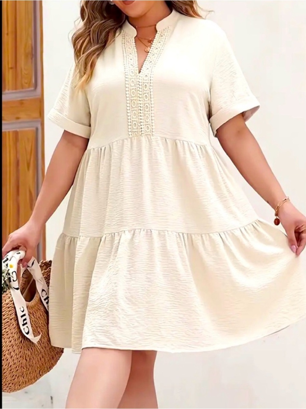Women's Cream Tiered V-Neck Dress - Picture 3 of 4